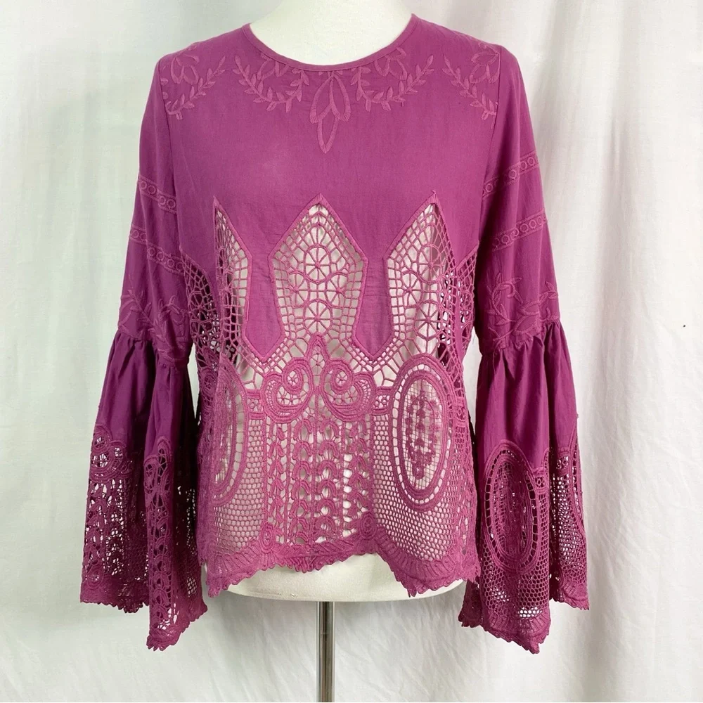 Anthropologie Chloe Oliver Purple Bell-Sleeve Lace Pullover Top Med
